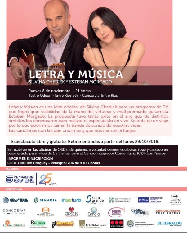 La Fundación OSDE presenta "Letra y Música" en el Odeón de Concordia.